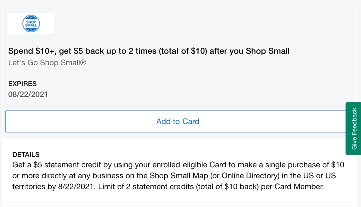 AmEx Shop Small Offer 2021 5 off 10+ on Two Purchases