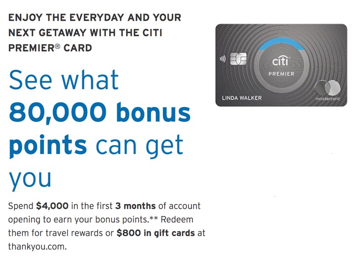 Citi Premier Card: 80,000 ThankYou Points (Highest Ever Offer, Worth $800 in Gift Cards, $640 at Amazon, More)