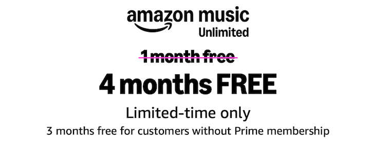 Amazon Music Unlimited: Free 3 or 4-Month Trial (Free Audible Audiobook Each Month)